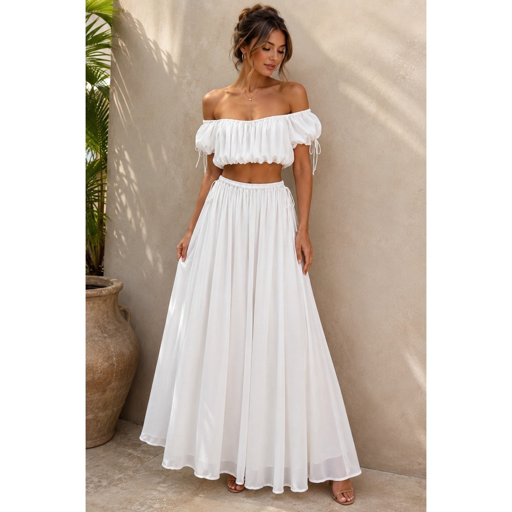 White Fox Boutique White 2 Piece Set XS Off Shoulder Crop Top Maxi Skirt NWT